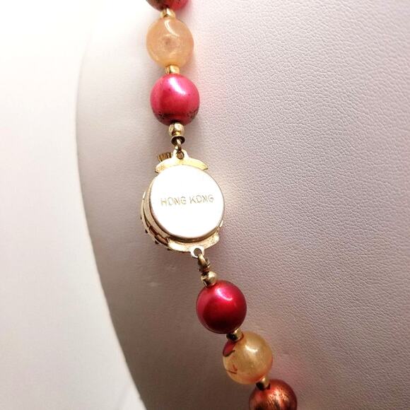 Vintage Hong Kong Beaded Necklace Red White Gold 1950s 1960s Lucite Beads 24" - Picture 4 of 6